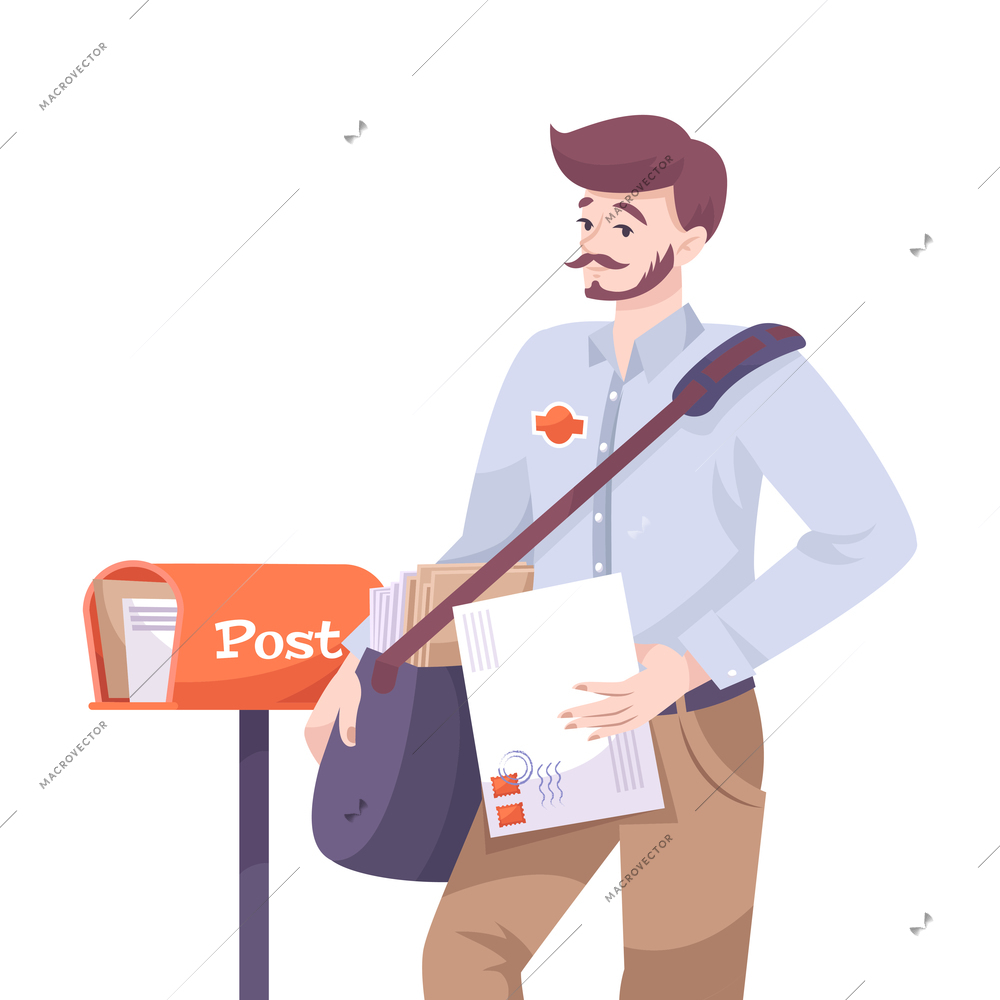 Postman with bag holding letter near letterbox flat vector illustration