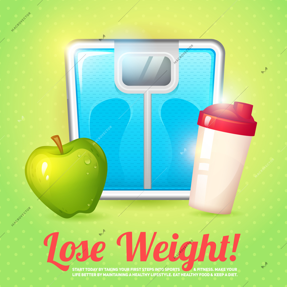 Lose weight diet body balance poster with scales apple and protein shake vector illustration