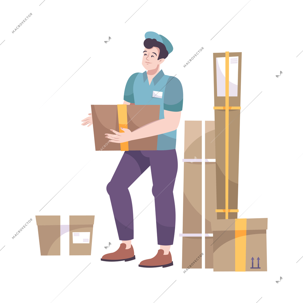 Flat postal worker carrying parcel box vector illustration