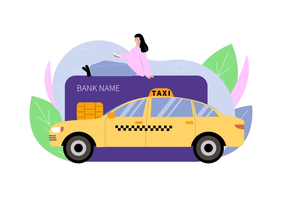 Flat composition with yellow taxi car bank card and happy woman character vector illustration