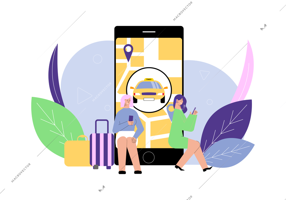 Flat composition with two women with suitcases calling for taxi using mobile application vector illustration
