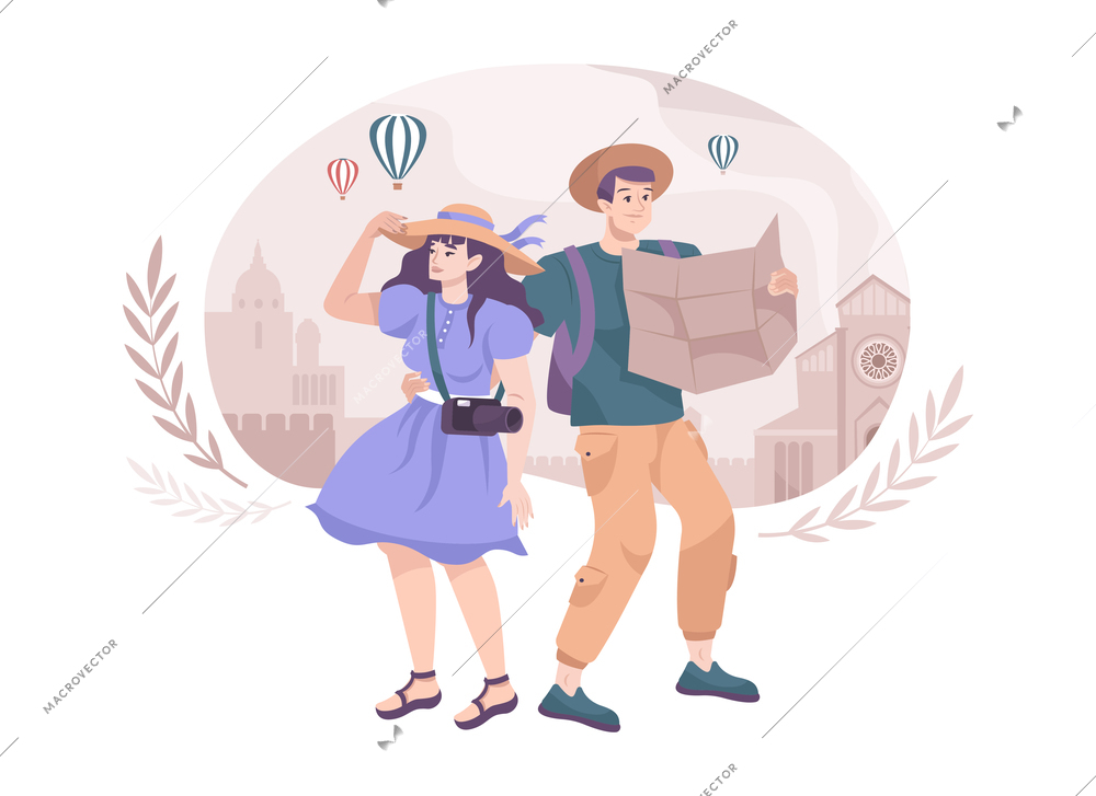 Excursion flat composition with two city tourists holding map and camera vector illustration