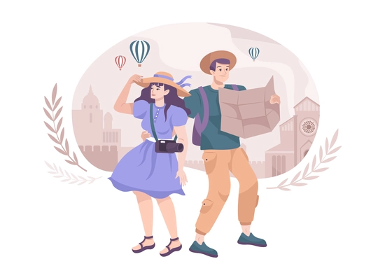 Excursion flat composition with two city tourists holding map and camera vector illustration