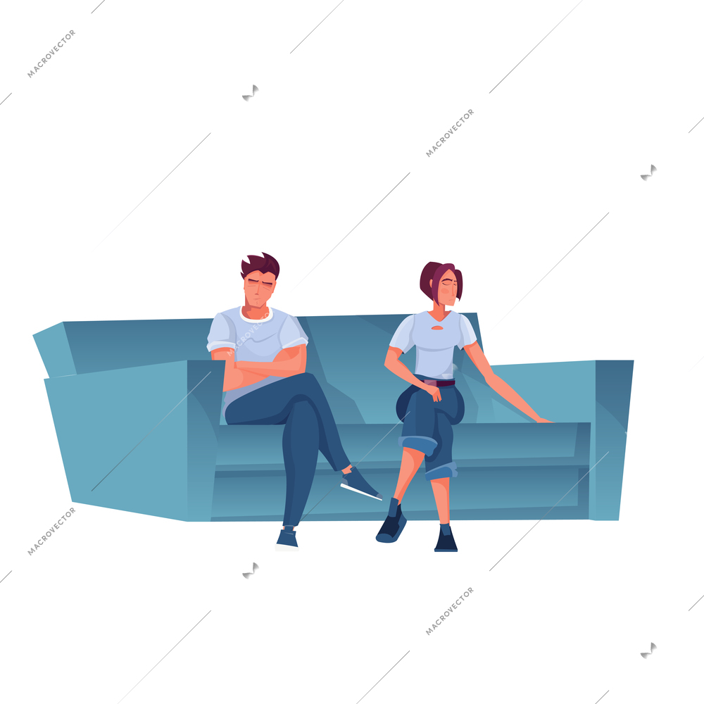 Two offended sad people sitting on sofa flat vector illustration