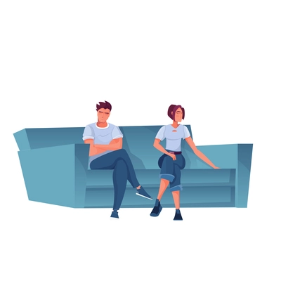 Two offended sad people sitting on sofa flat vector illustration