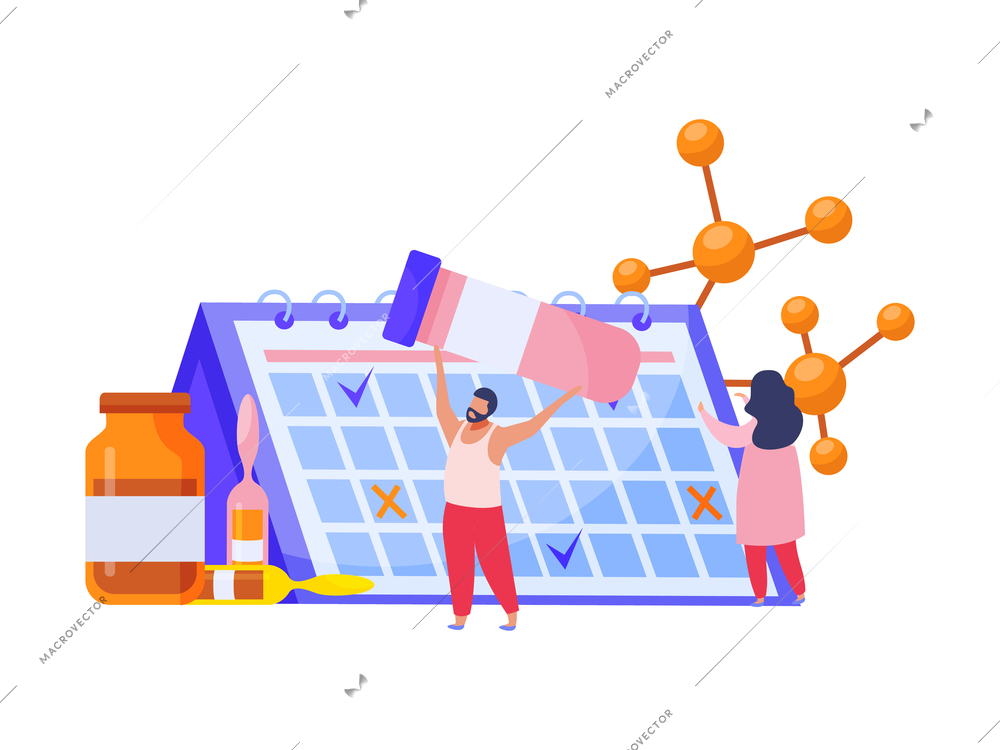 Vaccination composition with calendar tube and human characters flat vector illustration