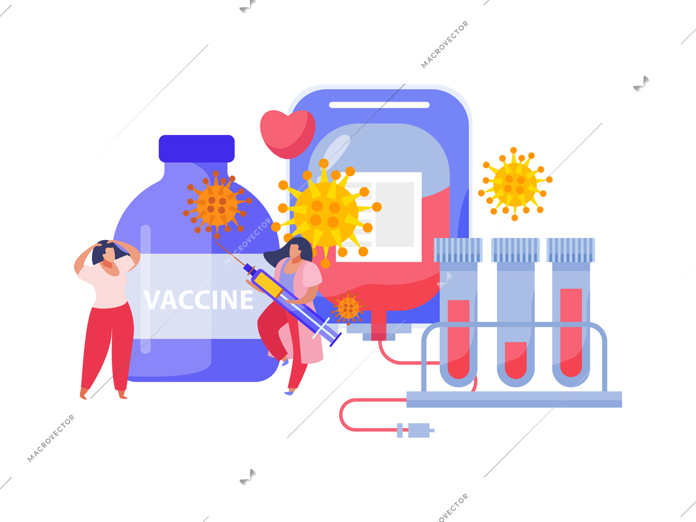 Coronavirus vaccination flat composition with test tubes syringe and bottle of vaccine vector illusration