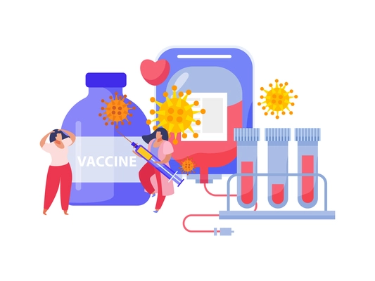 Coronavirus vaccination flat composition with test tubes syringe and bottle of vaccine vector illusration