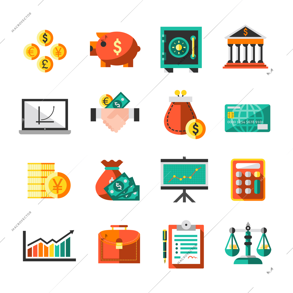 Finance banking business money exchange icons set with briefcase scales chart isolated vector illustration