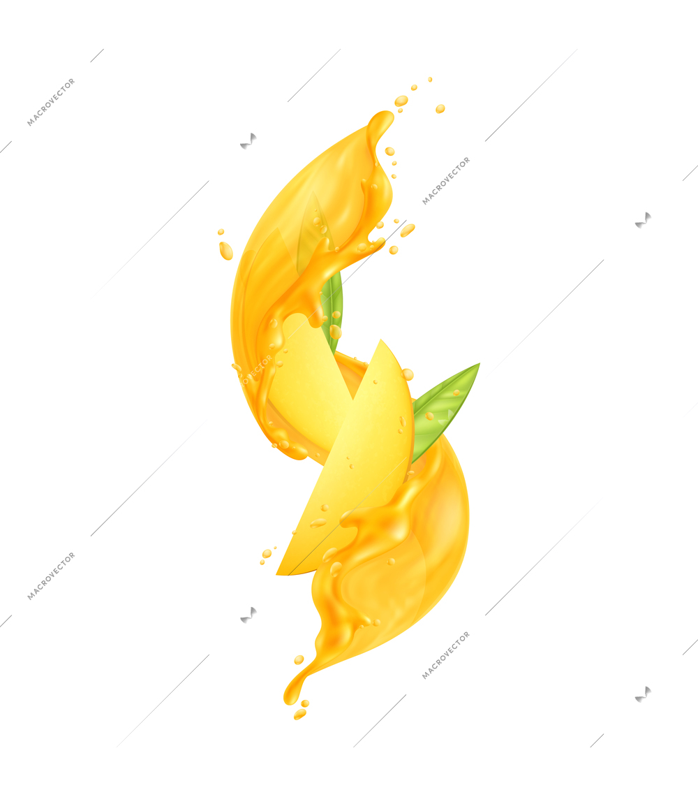 Mango juice slices and leaves on white background realistic vector illustration