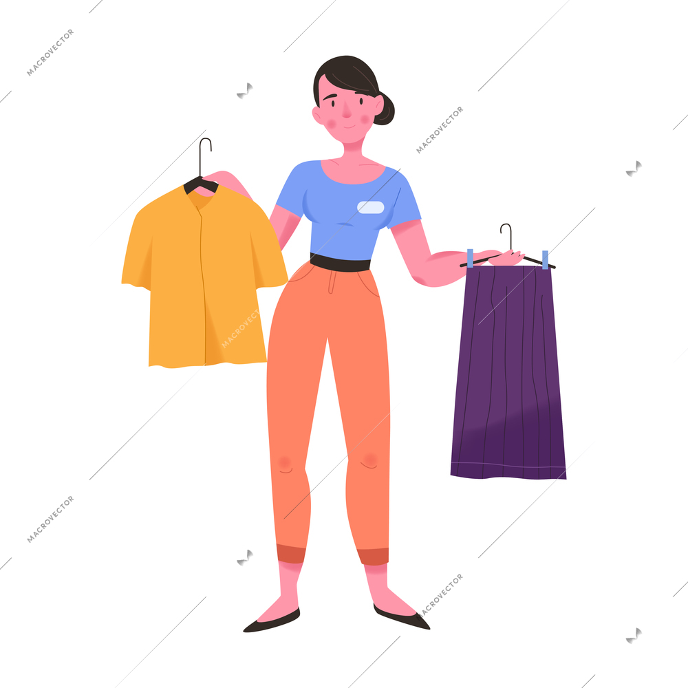 Woman shop assistant holding hangers with clothes flat icon vector illustration