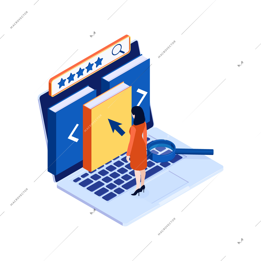 Isometric concept of searching books in online library with colorful elements 3d vector illustration