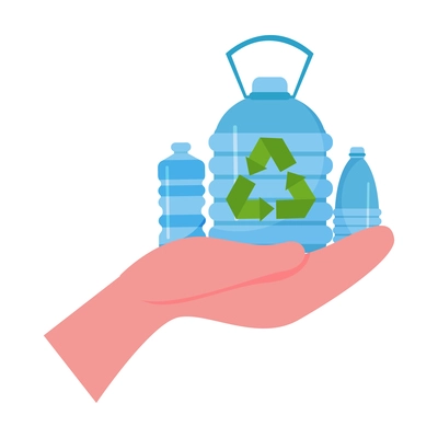 Stop plastic icon with human hand holding bottles with recycle symbol flat vector illustration