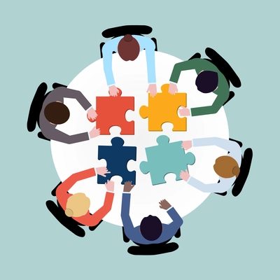 Business team meeting brainstorming concept top view group people on table with puzzle vector illustration