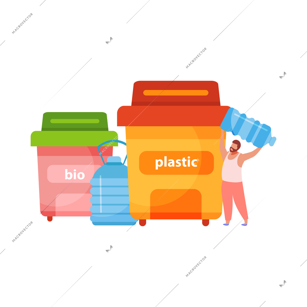 Flat concept with character sorting trash into bio and plastic bins vector illustration