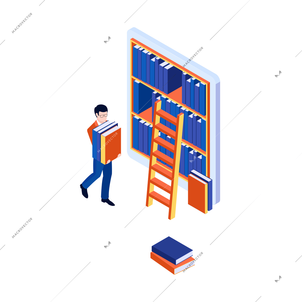 Online library concept with isometric bookcase on tablet screen and man carrying books vector illustration