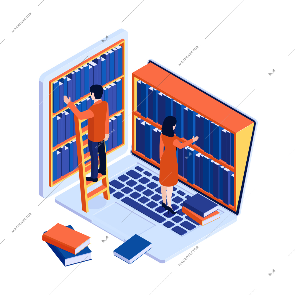 Online library concept with laptop and people taking books from shelves isometric vector illustration