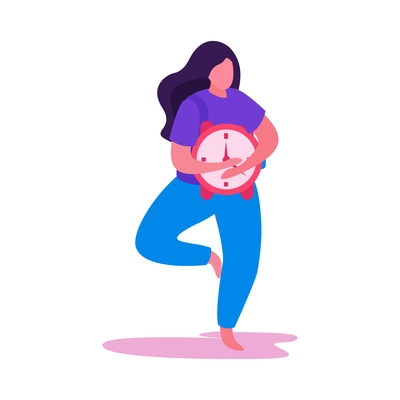 Self care flat icon of woman standing in asana with clock in hands vector illustration