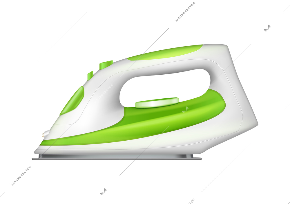 Realistic modern iron with green buttons side view vector illustration