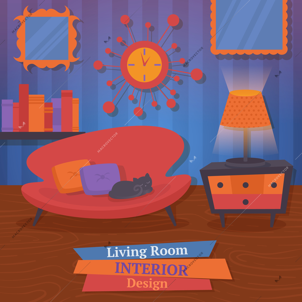 Interior indoor living room design with sofa mirror clock vector illustration