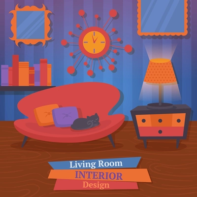 Interior indoor living room design with sofa mirror clock vector illustration