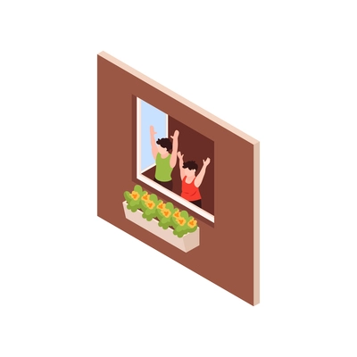 Isometric neighbors icon with two boys looking out of window 3d vector illustration