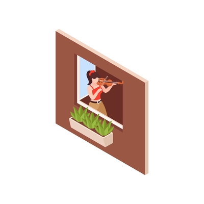 Neighbor isometric icon with woman playing violin at open window 3d vector illustration