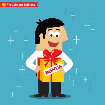 Business life. Adult employee got his annual salary bonus prize in gift present box vector illustration