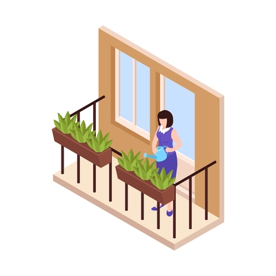 Isometric neighbor icon with woman watering green plants on her balcony vector illustration