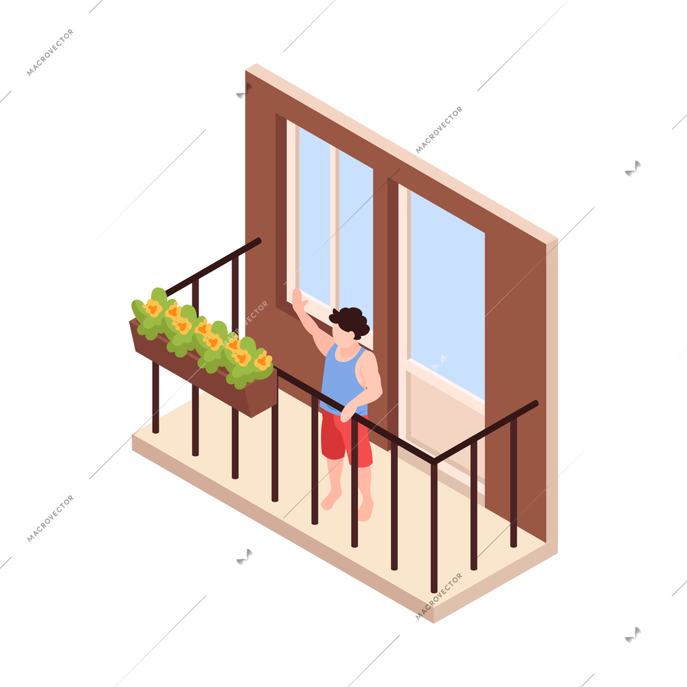 Neighbor isometric icon with boy doing exercises on balcony 3d vector illustration