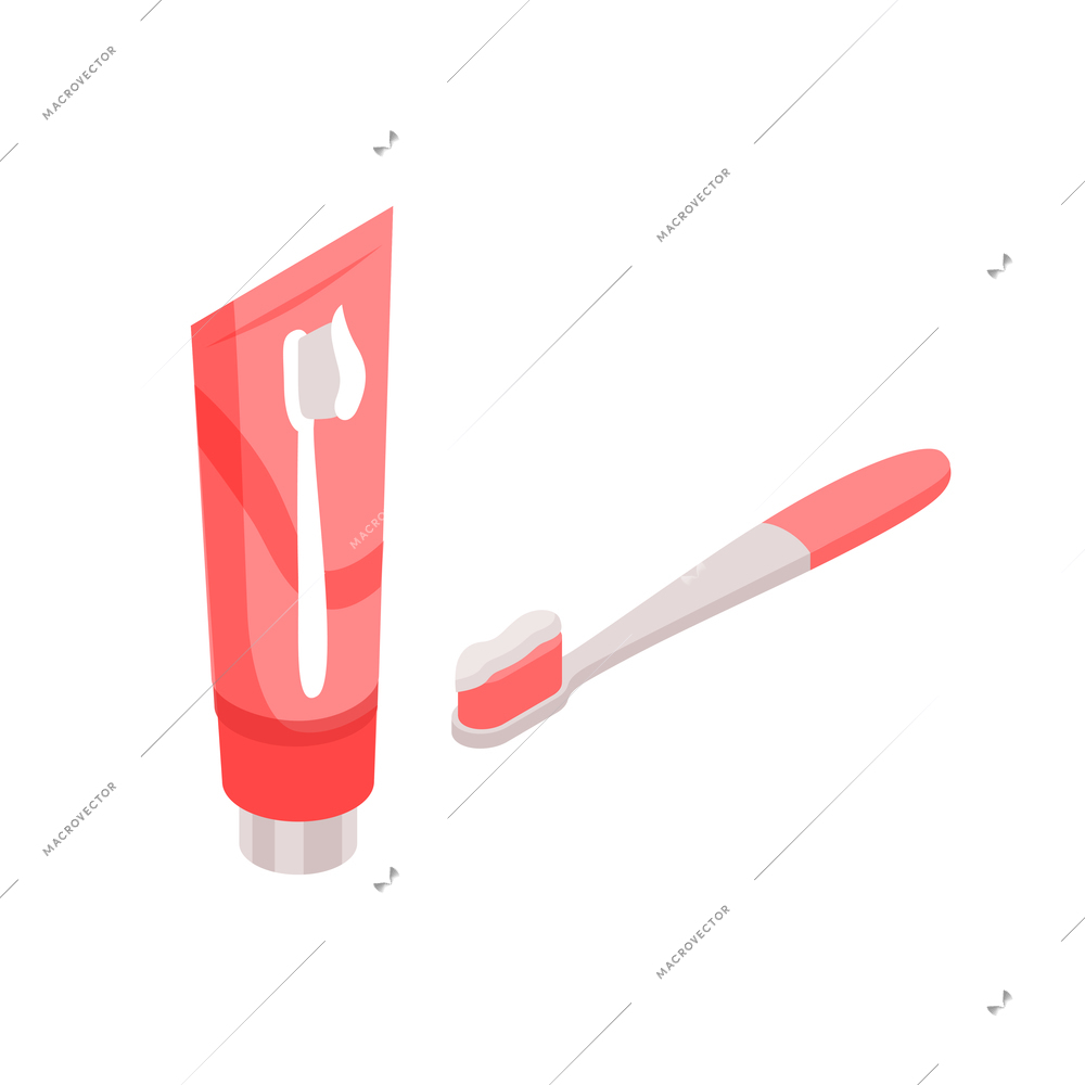 Tube of children toothpaste and small toothbrush isolated isometric vector illustration