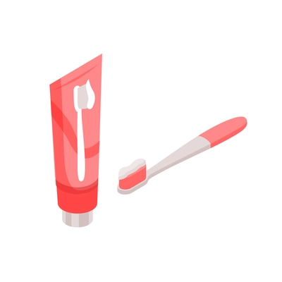 Tube of children toothpaste and small toothbrush isolated isometric vector illustration