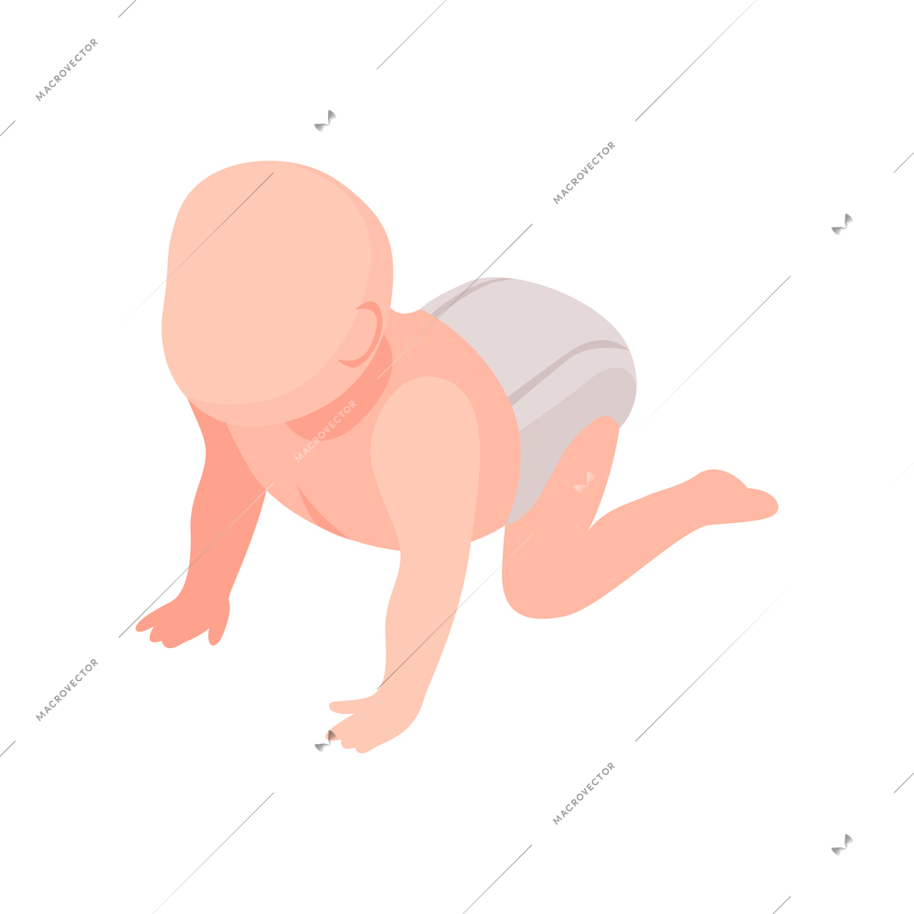 Isometric icon of baby on his knees wearing diapers 3d vector illustration