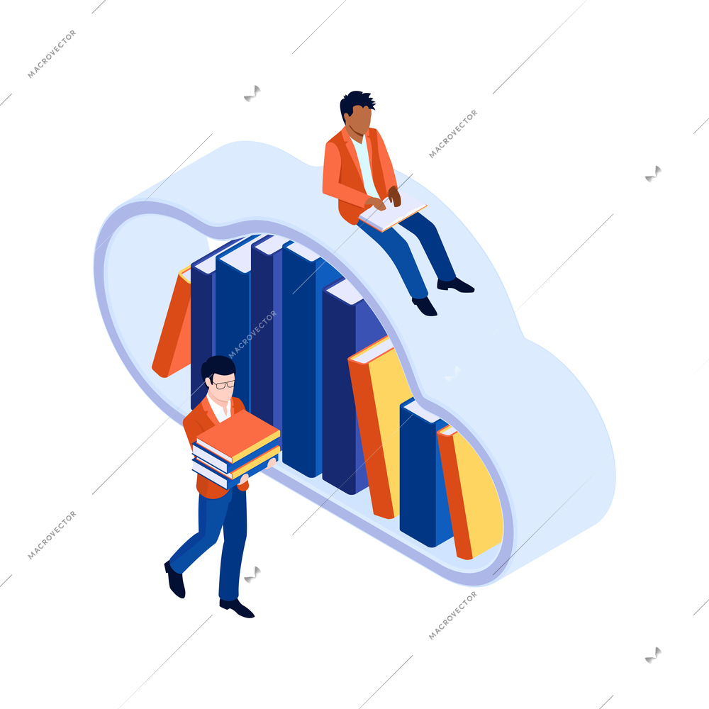 Online library isometric icon with books in cloud and reading people 3d vector illustration