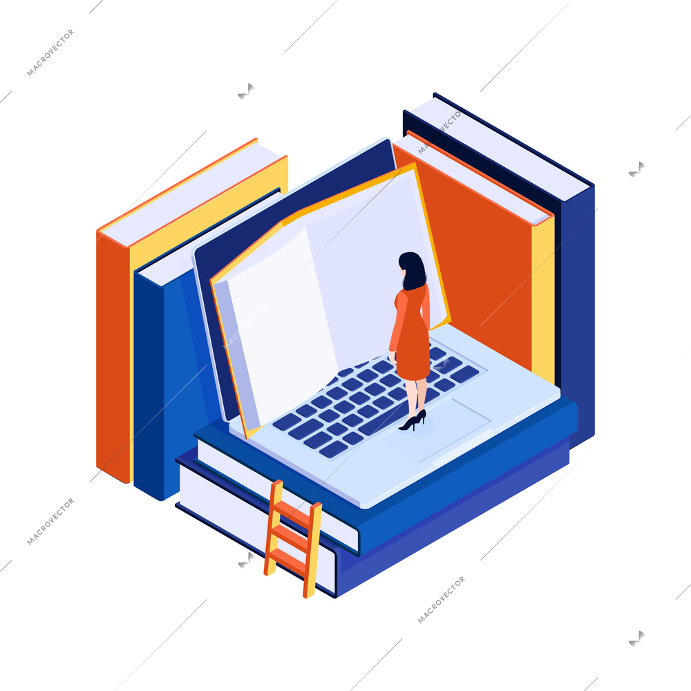 Isometric concept with character of woman reading electronic books on laptop vector illustration