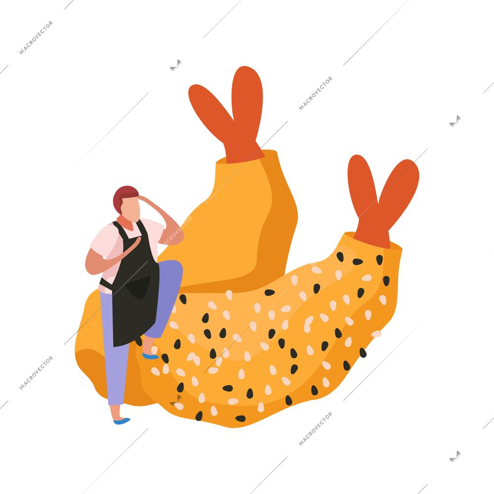 Sushi flat icon with shrimp tempura and tiny man vector illustration