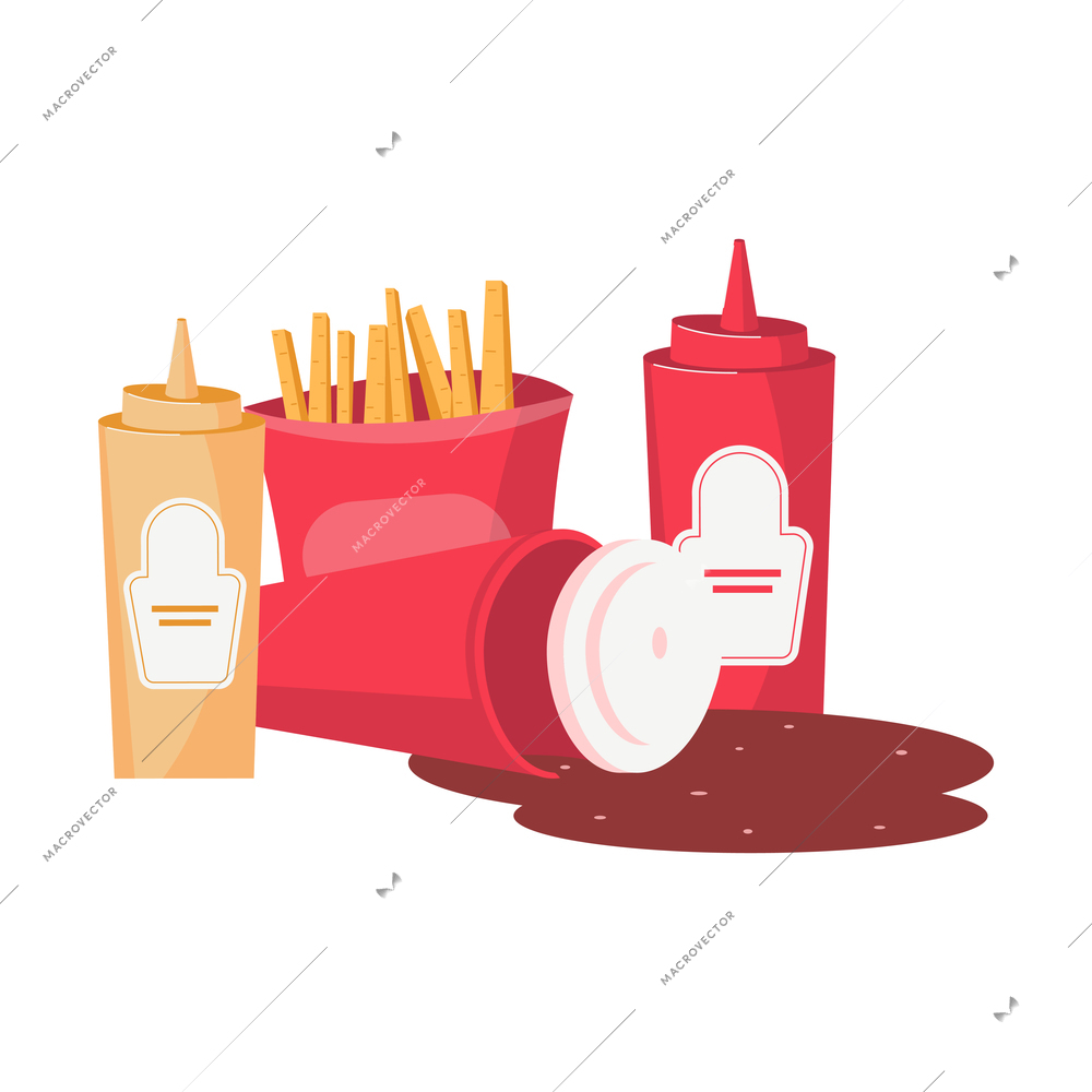 Junk food flat composition with french fries bottle of ketchup mustard and spilled coke vector illustration