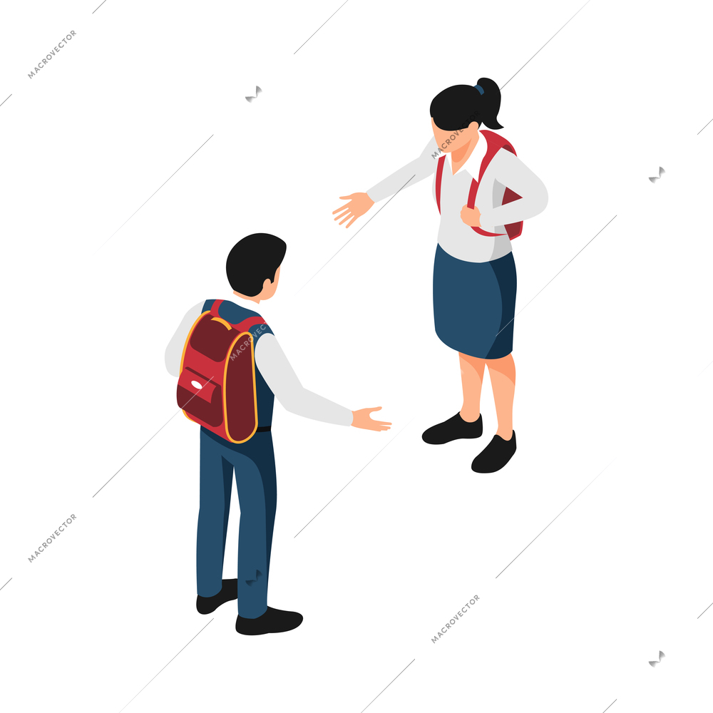 Isometric icon with two pupils in school uniform greeting each other vector illustration