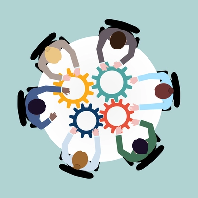Business team meeting cooperation concept top view group people on table with cogwheels vector illustration