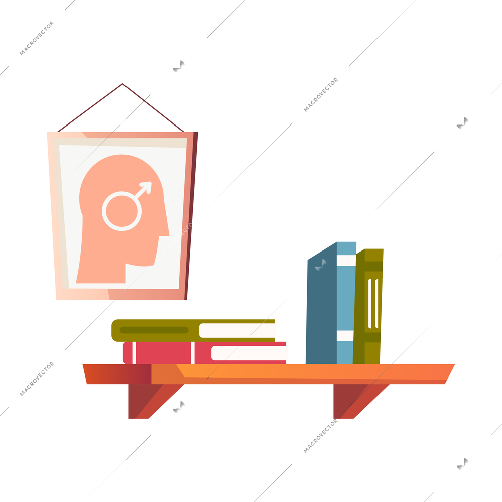 Flat design icon interior items of psychology room with bookshelf and poster vector illustration