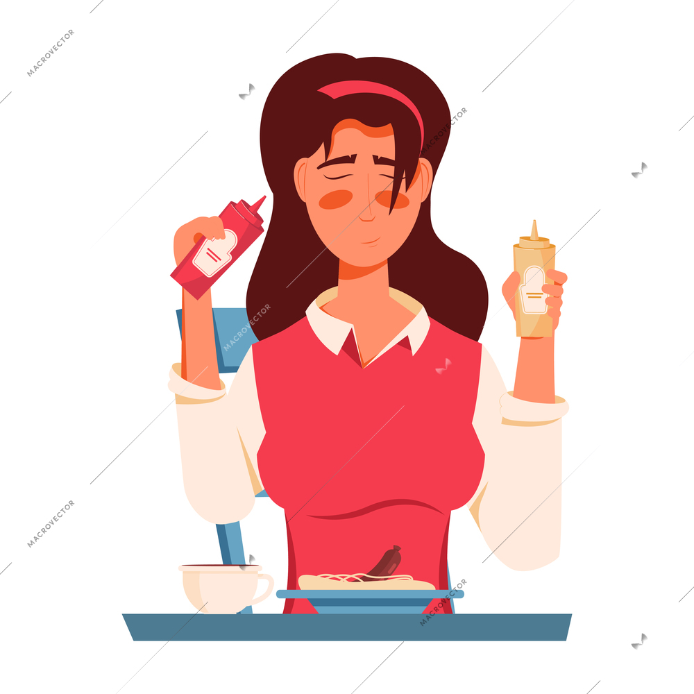 Flat woman with two sauce bottles having spaghetti and sausage for dinner vector illustration
