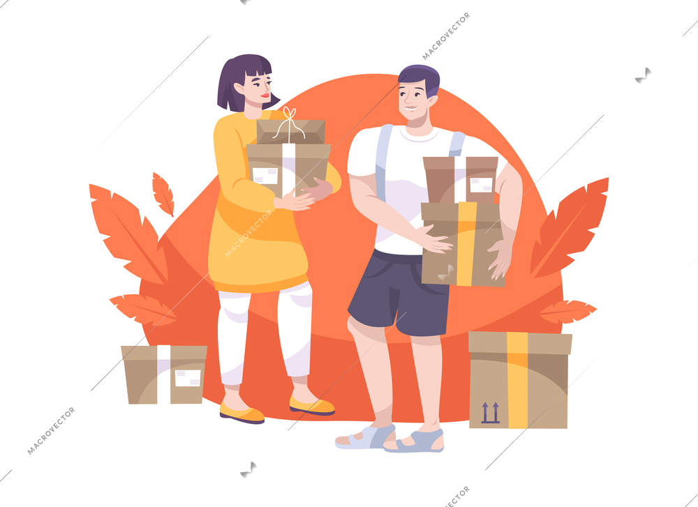 Flat design post composition with human characters holding cardboard parcels vector illustration