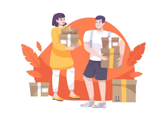 Flat design post composition with human characters holding cardboard parcels vector illustration