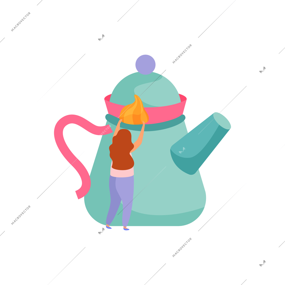 Flat icon with ceramic teapot and tiny character of woman on white background vector illustration