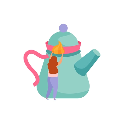 Flat icon with ceramic teapot and tiny character of woman on white background vector illustration