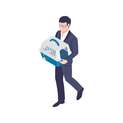 Isometric icon with man holding empty pet carrier 3d vector illustration