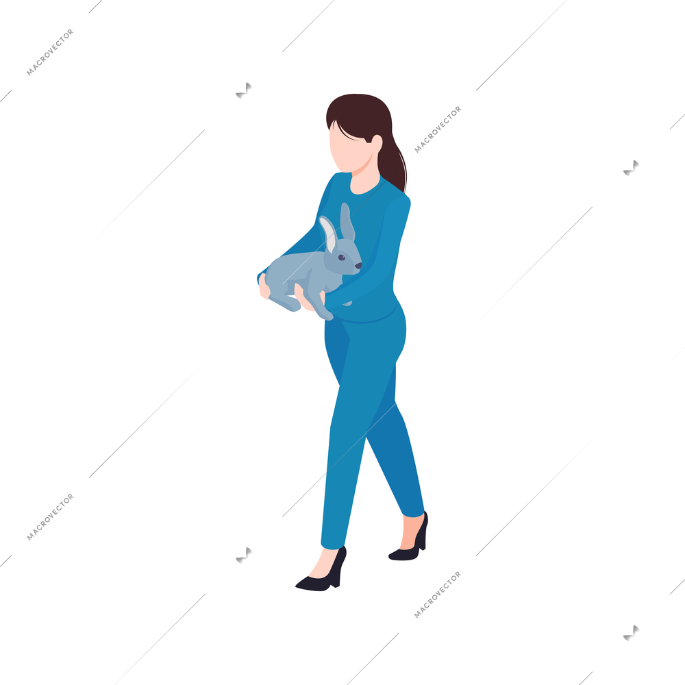 Woman vet in uniform carrying grey rabbit 3d isometric icon vector illustration