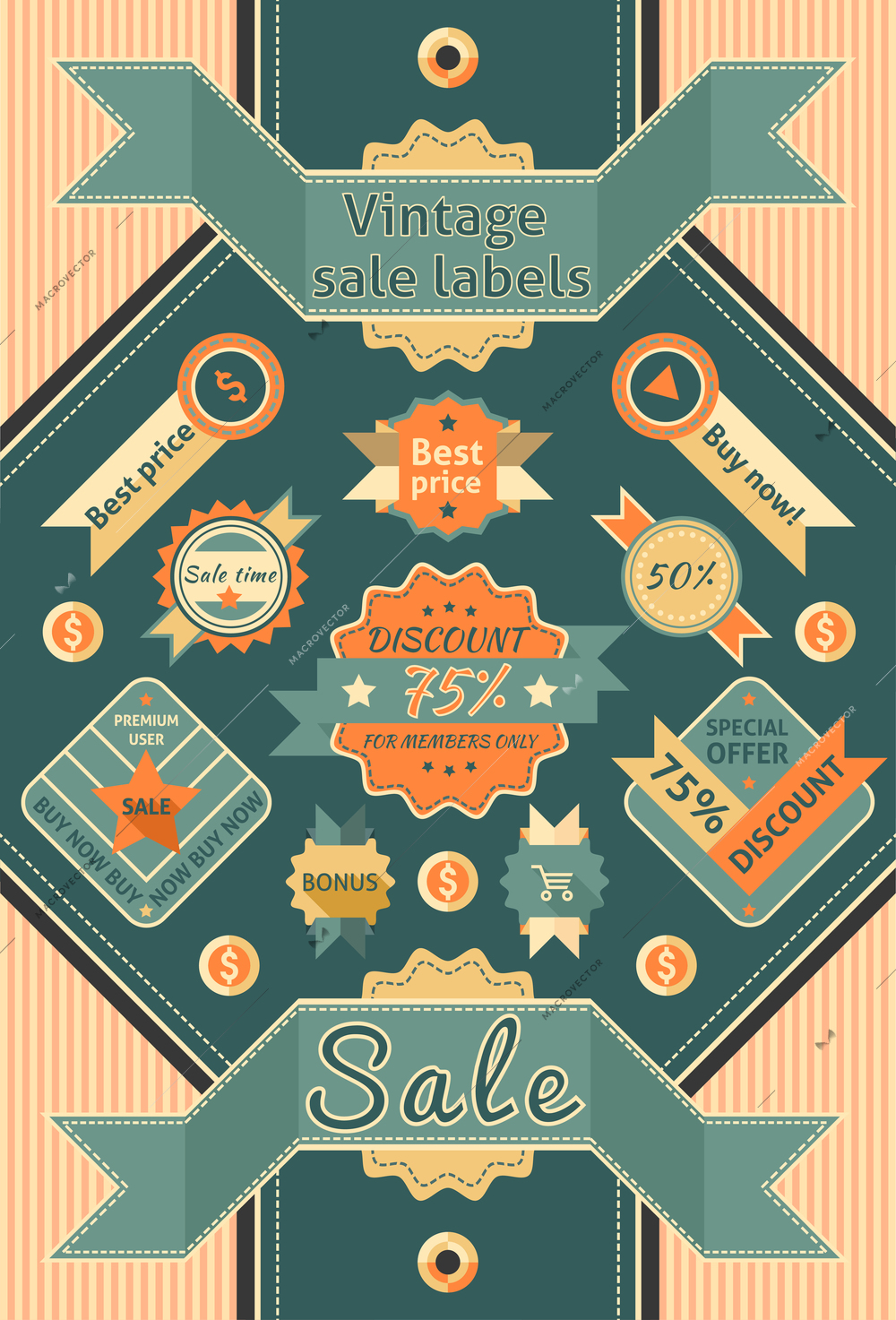 Retro sale discount promotion color cardboard labels vector illustration