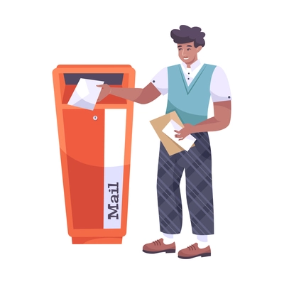 Flat icon with man putting letters in red mailbox on white background vector illustration