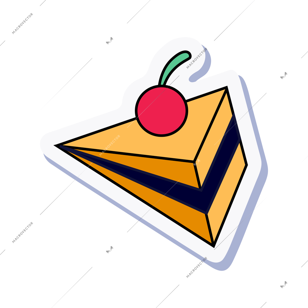 Doodle sticker with piece of cheery cheesecake on white background vector illustration